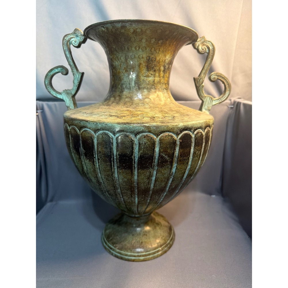 Vintage Brass Urn Vase Verdigris Patina Fluted Metal Vessel Ornate Handles